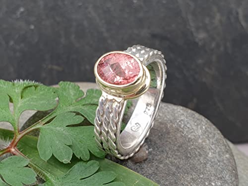 LeoLars-PABE Rosa Turmalin Design Ring, Gr.58 (18,7), aus 925er Silber mit 585er Gold Fassung, Bicolor Ring, Unikat, Handarbeit