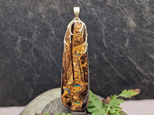 LeoLars-PABE Boulder Opal Design Anhänger mit 585er Tribal Gold Aufhängung, grün-blaues Opalfeuer, tolles Muster, beidseitig tragbar, Unikat, Handarbeit