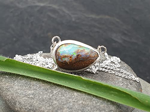 Boulder Opal Anhänger aus 925er Silber mit 47cm Silberkette, Opal 14.5x9.4mm, Unikat, Handarbeit