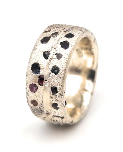 LeoLars-PABE Design Sandguss Ring, Gr.53 (16,8), aus 925er Silber mit eingegossenen echten verschiedenen Edelsteinen, Sandguss Oberfläche, Nr.60, Unikat, Handarbeit
