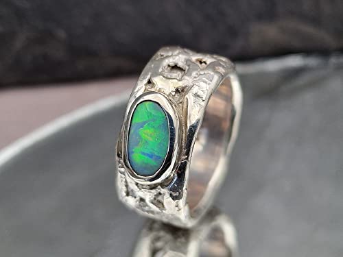 LeoLars-PABE Lightning Ridge Opal Design Ring, Gr.57 (18.2), aus 925er Silber, Oberfläche Spitzen Stoff, Multicolor, Unikat, Handarbeit