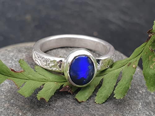 LeoLars-PABE Schwarzer Opal Ring, Gr.56, aus 925er Silber, Blau-Lila, Structure Design, Unikat, Handarbeit