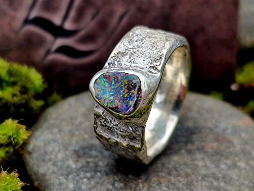 LeoLars-PABE Boulder Opal Design Ring, Gr.60, Structure Design Stone, Stein, aus 925er Silber, Multicolor Opal 8.3x8mm, Unikat, Handarbeit