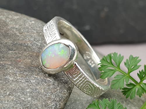 LeoLars-PABE Lightning Ridge Semi Chrystal Opal Ring, Gr.59, 925er Silber, Opal 7x5mm, Structure Design, Unikat, Handarbeit