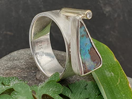 LeoLars-PABE Boulder Opal Design Ring, Gr.58 (18.7), aus 925er Silber mit Brilliant in 585er Kanal Fassung, Unikat, Handarbeit