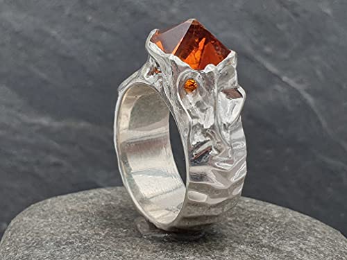LeoLars-PABE Citrin Design Ring aus 925er Silber, Gr.60, Sonderschliff, Organisch, Hammerschlag, Unikat, Handarbeit