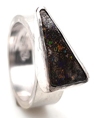 LeoLars-PABE Boulder Opal Ring aus 925er Silber, Gr.52, Massiv, Seidenmatt, Opal 14.5x8mm, Unikat, Handarbeit