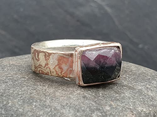 LeoLars-PABE Mokume Gane Silber-Kupfer Ring, Gr.52 mit zweifarbigem Turmalin, Unikat, Handgeschmiedet
