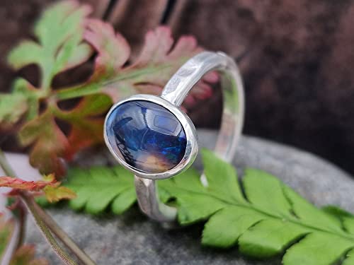 LeoLars-PABE Schwarzer Semi Chrystal Opal Ring, Gr.55 (17.5), aus 925er Silber, blau-grün, gehämmert, Unikat, Handarbeit