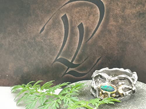 LeoLars-PABE Organic Design Schwarzer Opal Ring, Gr.49, aus 925er Silber mit Goldakzenten, Unikat, Handarbeit