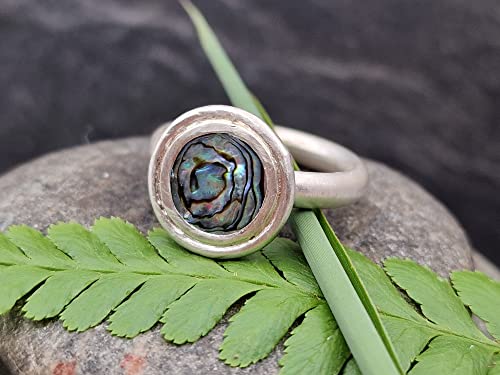 LeoLars-PABE Paua Muschel Ring, Gr.55 (17,5), aus 925er Silber, breiter Rand, seidenmatt, massiv, Unikat, Handarbeit