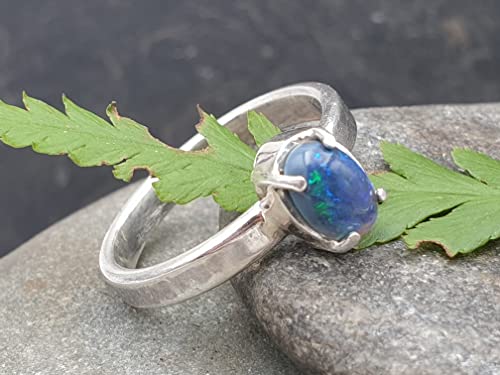 LeoLars-PABE Schwarzer Opal Ring, Gr.54, aus 925er Silber, Krappenfassung, grün-blau, Unikat, Handarbeit
