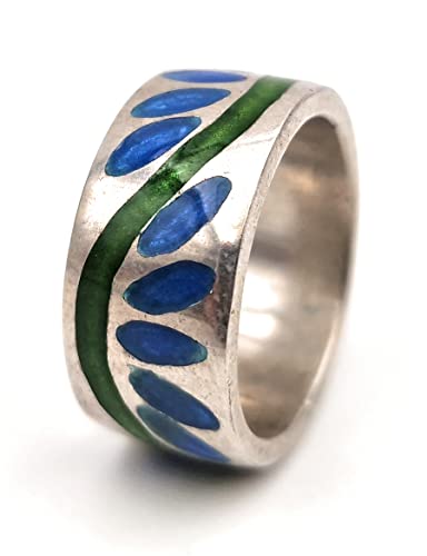 LeoLars-PABE Emaille Ring, Gr.61 (19.5), aus 925er Silber, grün-blau floral-blumig stilisiertes Muster, umlaufend, Unikat, Handarbeit