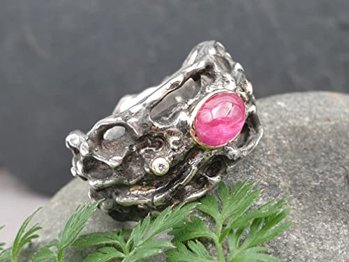 LeoLars-PABE Organic Design Rubin Ring, Gr.53-54, mit Brilliant aus 925er Silber mit Goldakzenten und Fassung, Unikat, Handarbeit