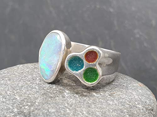 LeoLars-PABE Lightning Ridge Opal Ring oben offen mit Emaille aus 925er Silber, Gr.59, Unikat, Handarbeit