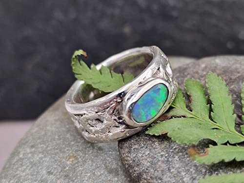 LeoLars-PABE Lightning Ridge Opal Design Ring, Gr.57 (18.2), aus 925er Silber, Oberfläche Spitzen Stoff, Multicolor, Unikat, Handarbeit