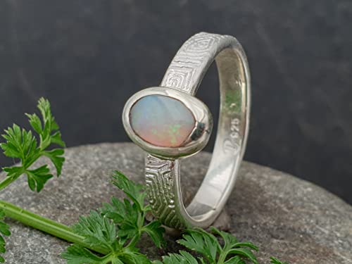 LeoLars-PABE Lightning Ridge Semi Chrystal Opal Ring, Gr.59, 925er Silber, Opal 7x5mm, Structure Design, Unikat, Handarbeit
