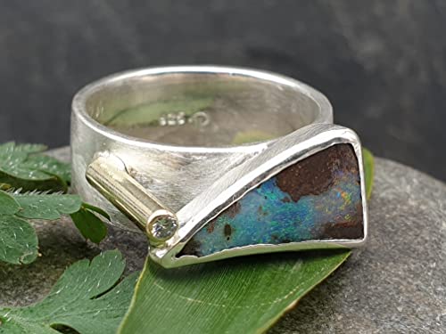 LeoLars-PABE Boulder Opal Design Ring, Gr.58 (18.7), aus 925er Silber mit Brilliant in 585er Kanal Fassung, Unikat, Handarbeit