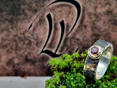 LeoLars-PABE Rubin Design Ring, Gr.55-56, aus 925er Silber mit Goldfassung und zwei Diamanten, teilgeschwärzt, Unikat, Handarbeit