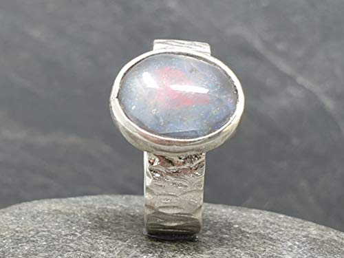 LeoLars-PABE Lightning Ridge Opal Ring aus 925er Silber, Gr.58, Struktur Ringschiene, Unikat, Handarbeit