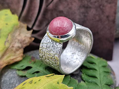 LeoLars-PABE Rhodochrosit Ring aus 925er Silber, Gr.57 (18,2), floral, blumig geprägte Ringschiene, Unikat, Handarbeit