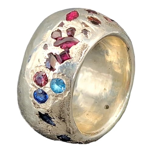 LeoLars-PABE Sandguss Design Ring mit Farbverlauf, Gr. 56 (18,5), aus 925er Silber, sehr massiv, verschienedene eingegossenen Edelsteine, halb poliert, halb Sandguss Oberfläche, Unikat, Handarbeit