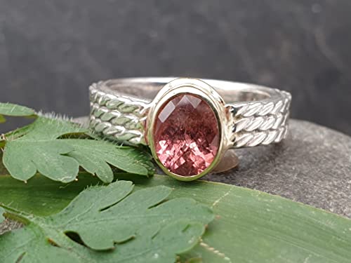 LeoLars-PABE Rosa Turmalin Design Ring, Gr.58 (18,7), aus 925er Silber mit 585er Gold Fassung, Bicolor Ring, Unikat, Handarbeit