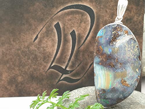 LeoLars-PABE Boulder Opal Anhänger mit 925er Silber Stiftöse, Mehrfarbig Opal 40x21.4x7.5mm, Unikat, Handarbeit