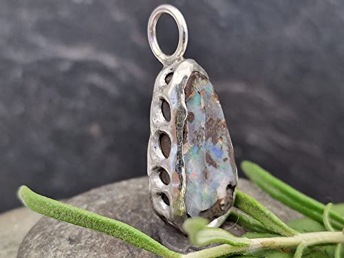 LeoLars-PABE Anhänger mit Boulder Opal in einer 925er Silber Käfig Fassung, Opal 23mm x 11.5mm, Unikat, Handarbeit, Handgeschliffen