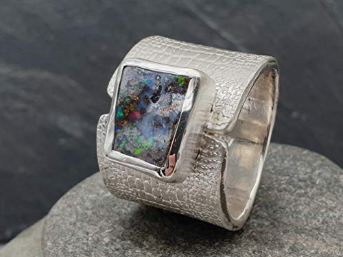 LeoLars-PABE Boulder Opal Design Herren Ring aus 925er Silber, Gr.65, Schlangenhaut Muster, Massiv, Unikat, Handarbeit