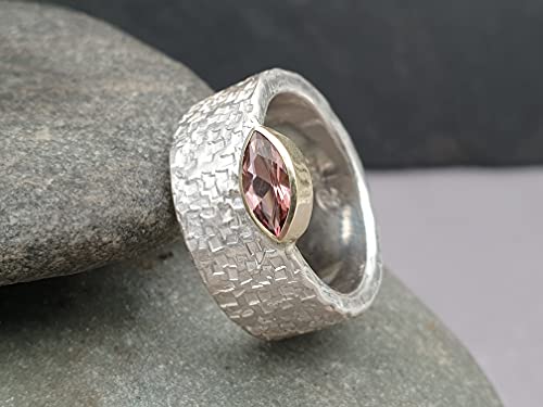 LeoLars-PABE Rosa Turmalin Ring, Gr.54, aus 925er Silber mit 585er Goldfassung, Structure Design, Unikat, Handarbeit