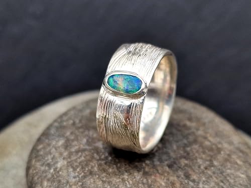 LeoLars-PABE Lightning Ridge Opal Design Ring, Gr.56 (17,8), aus 925er Silber mit Blatt Struktur, Opal Multicolor Opalfeuer 6,7 x 3,6mm, Unikat, Handarbeit