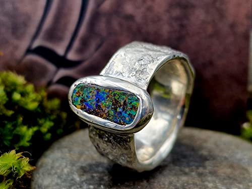 LeoLars-PABE Design Ring mit Boulder Opal aus 925er Silber, Ringschiene mit Stein Struktur, Gr. 57-58, Opal 13.4x6.1mm, Unikat, Handarbeit