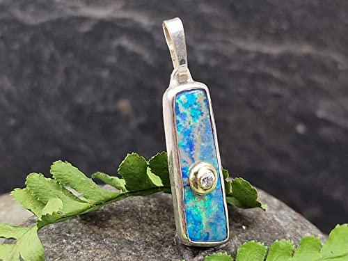 LeoLars-PABE Lightning Ridge Opal Design Anhänger aus 925er Silber mit Diamant in 585er Gold Fassung, Unikat, Handarbeit