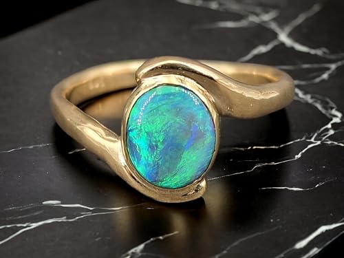 LeoLars-PABE Lightning Ridge Opal Design Ring, Gr. 65 (20,5), aus 585er Gelbgold, Opal brilliantes grünes Opalfeuer, Semi Chrystal, 9,3 x 7,5mm, Unikat, Handarbeit