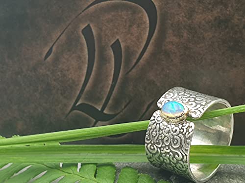 LeoLars-PABE Lightning Ridge Opal Design Ring, Gr.59 aus 925er Silber mit 585er Goldfassung, Unikat, Handarbeit