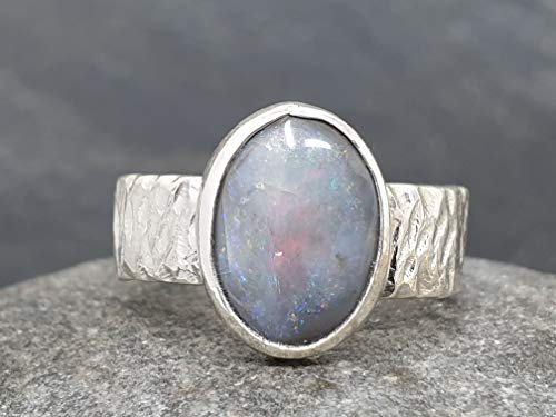 LeoLars-PABE Lightning Ridge Opal Ring aus 925er Silber, Gr.58, Struktur Ringschiene, Unikat, Handarbeit