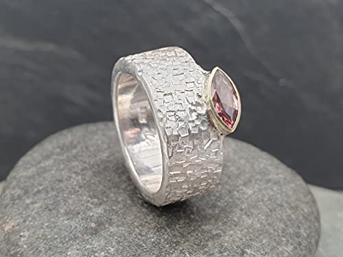 LeoLars-PABE Rosa Turmalin Ring, Gr.54, aus 925er Silber mit 585er Goldfassung, Structure Design, Unikat, Handarbeit