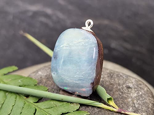 LeoLars-PABE Anhänger mit Boulder Opal und 925er Silber Stiftöse, gemeine Opalschicht mit partiellem Opalfeuer, Opal 22 x 17.9 x 7.1mm, Unikat, Handgeschliffen