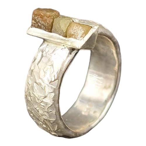 LeoLars-PABE Rohdiamant Design Ring, Gr. 58 (18,5), aus 925er Silber, Stein Design Oberfläche, 3 große Roohdiamanten in gelb, grau, braun, Unikat, Handarbeit