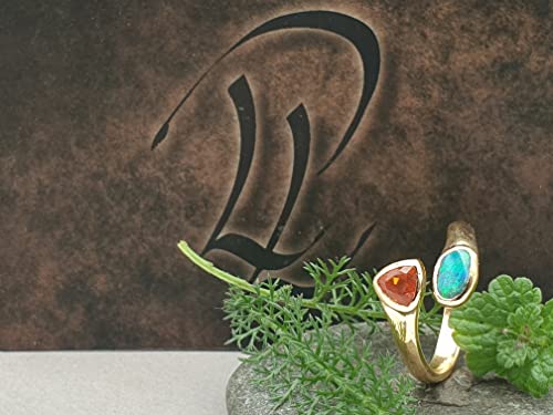 LeoLars-PABE Edler Boulder Opal und Feueropal Design Ring, Gr. 58, aus 750er Gelbgold, Fire and Water, Unikat, Handarbeit