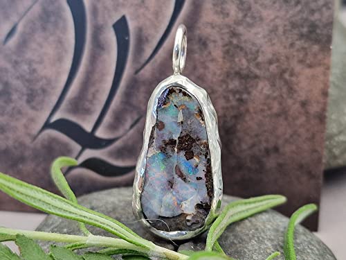 LeoLars-PABE Anhänger mit Boulder Opal in einer 925er Silber Käfig Fassung, Opal 23mm x 11.5mm, Unikat, Handarbeit, Handgeschliffen