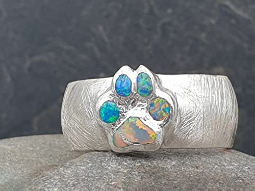 LeoLars-PABE Lightning Ridge Chrystal Opal Pfötchen Ring, Gr.61, Multicolor, Pfote, eismattiert, Unikat, Handarbeit