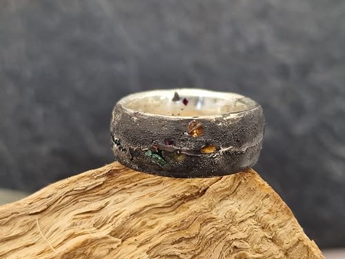 LeoLars-PABE Massiver Sandguss Design Ring, Gr. 60-61, aus 925er Silber mit verschieden farbigen direkt eingegossenen Saphiren, geschwärzt, Unikat, Handarbeit