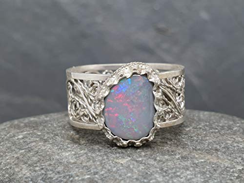 LeoLars-PABE Lightning Ridge Opal Filigree Ring aus 925er Silber, Gr.56, Filigran, Verspielt, Unikat, Handarbeit