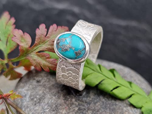 LeoLars-PABE Echter Türkis Design Ring, Gr.56 (18), aus 925er Silber, floral geprägte Ringschiene, massiv, Unikat, Handarbeit