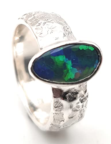 LeoLars-PABE Lightning Ridge Opal Design Ring, Gr.58, 925er Silber, Grün-Blaues Honeycomb Pattern Feuer, Unikat, Handarbeit