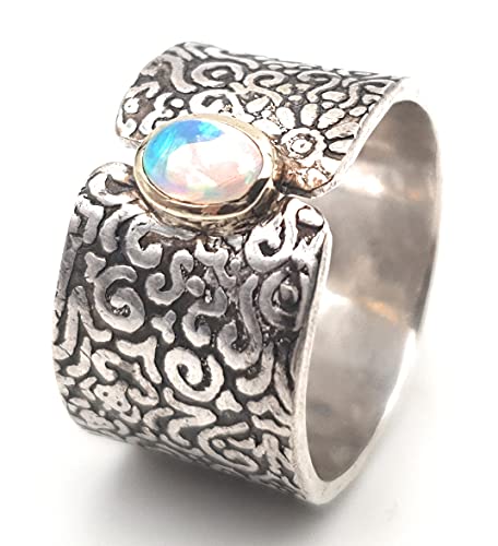 LeoLars-PABE Lightning Ridge Opal Design Ring, Gr.59 aus 925er Silber mit 585er Goldfassung, Unikat, Handarbeit