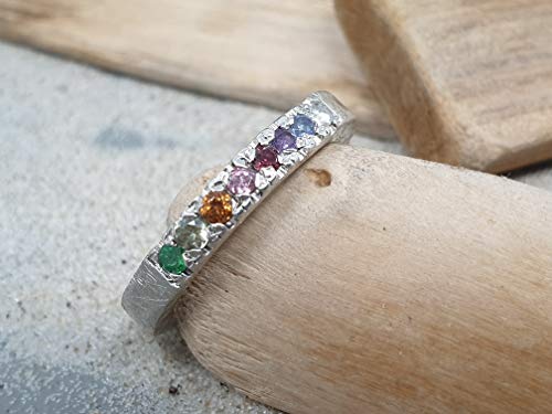 LeoLars-PABE Regenbogen Bandring aus 925er Silber mit 8 verschiedenen Edelsteinen, Gr. 53, Unikat, Handarbeit