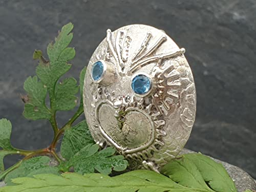 LeoLars-PABE Anhänger Eule Rudi aus 925er Silber mit zwei Blautopasen, Unikat, Handarbeit